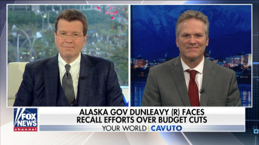 Alaska Gov. Mike Dunleavy, left, appears on Fox News with host Neil Cavuto. Dunleavy has reached conservatives through several national media appearances. (Screenshot from Fox News video)