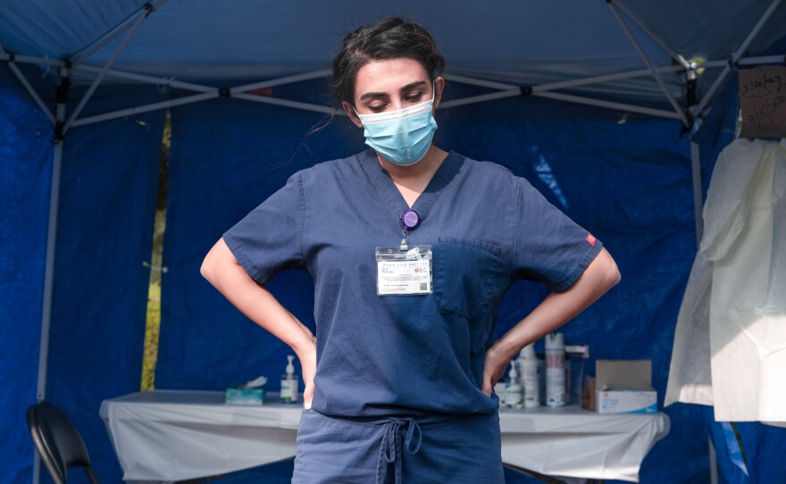 Sheeba Shafaq at the COVID-19 testing site in Sacramento, Calif., where the Afghan doctor was named a supervisor.