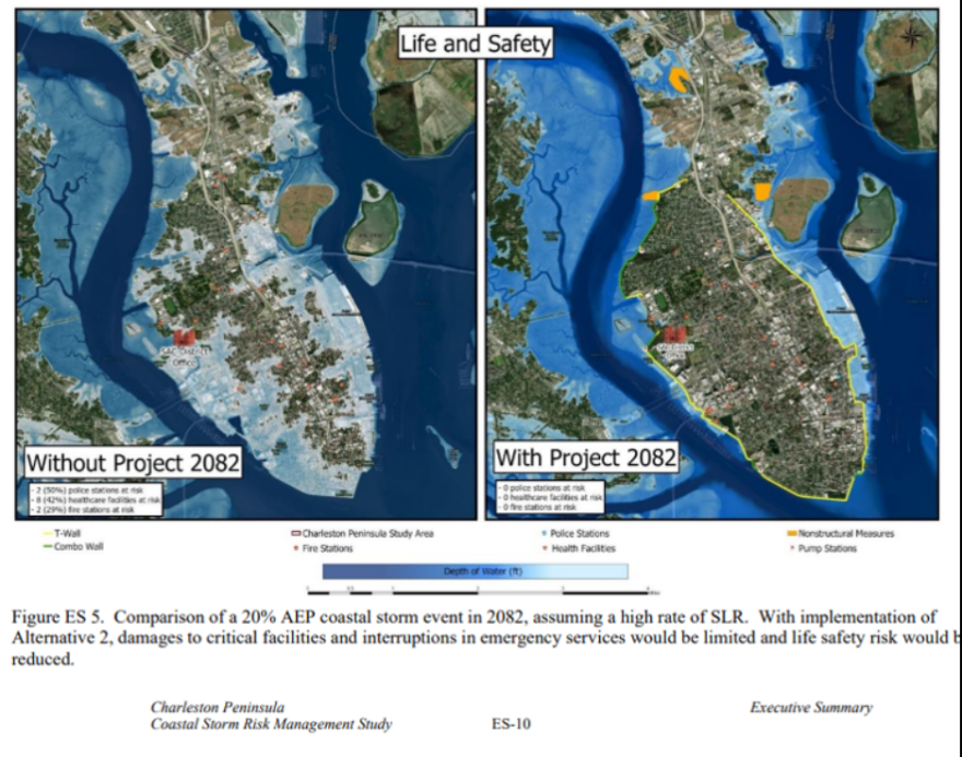 City of Charleston map showing the threat of flooding with and without the major project.