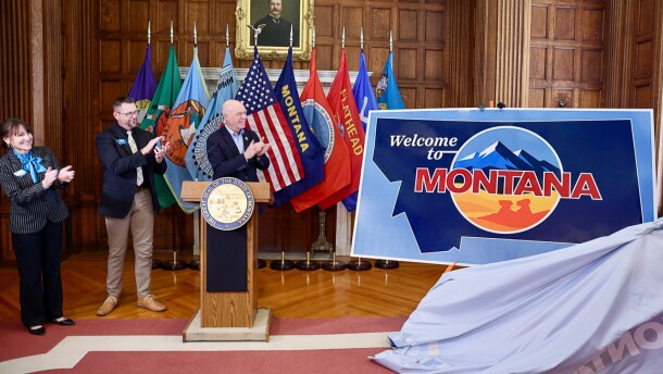 Gov. Gianforte (right), Dir. Dorrington (middle), and Dir. Bertoglio (left) unveiling Montana’s new highway welcome signs