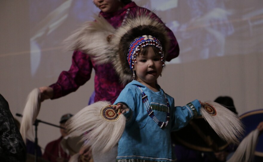 One of the littest dancers on the Cama'i stage on March 27, 2026 in Bethel, Alaska.