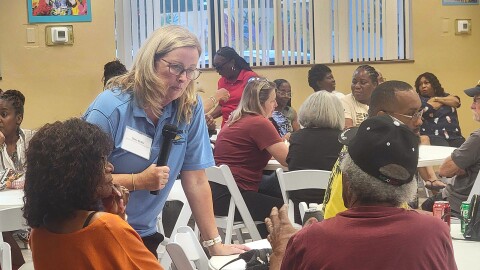 Transform386 Director Dona Butler addresses attendees' questions and concerns at an informational event Thursday, July 24, 2025, at the John H. Dickerson Community Center in the Midtown area of Daytona Beach in Volusia County.