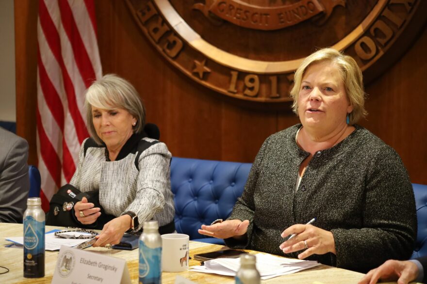 New Mexico Early Childhood Education and Care Department Secretary Elizabeth Groginsky (right) leads the agency charged with implementing universal child care in New Mexico. She is shown with Gov. Michelle Lujan Grisham during the policy’s announcement on Sept. 8, 2025.