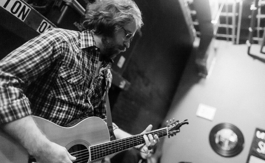 Jonathan Coulton, resident musician for <em>Ask Me Another,</em> backstage before the show's final taping during season one at The Bell House in Brooklyn, NY.
