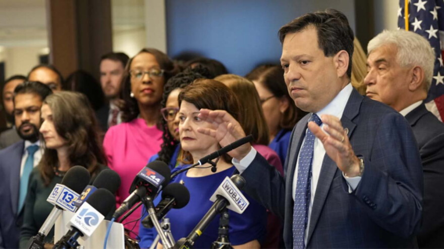 State Senate majority leader Sen. Scott Surovell D-Fairfax, right, gestures during a press conference at the Capitol, Wednesday Jan. 10, 2024, in Richmond, Va. (Steve Helber/AP)