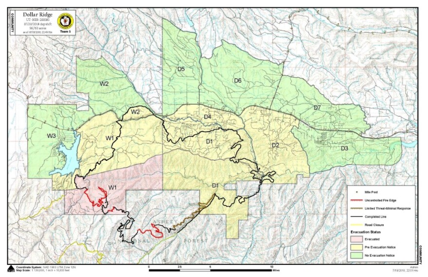 Map of the Dollar Ridge Fire evacuation zones east of Strawberry Reservoir in Duschene County. 