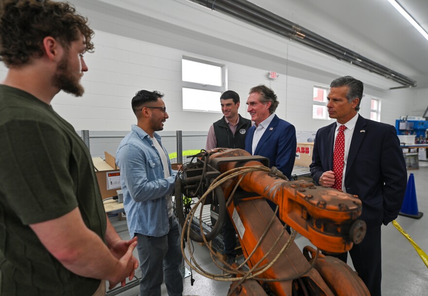 Lackawanna College students Joseph Farrell and Karim Vaquero chat with U.S. Rep. Rob Bresnahan, U.S. Secretary of the Interior Doug Burgum and U.S. Rep. Dan Meuser.
