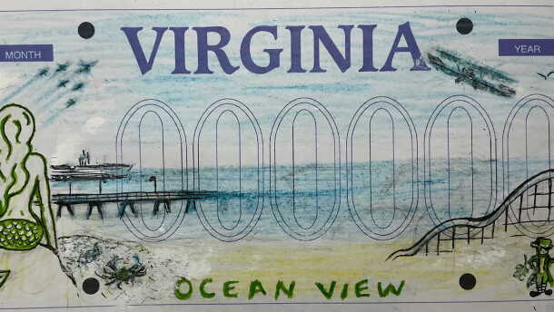 Larry Estes’ winning design for a new Ocean View license plate blends the neighborhood’s past and present, with a mermaid, a roller coaster from the old amusement park and a 1910 warship takeoff.