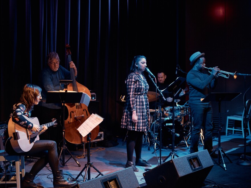 Halvorson rehearses with the <em>Code Girl</em> band: bassist Michael Formanek, singer Amirtha Kidambi, drummer Tomas Fujiwara and trumpeter Ambrose Akinmusire.
