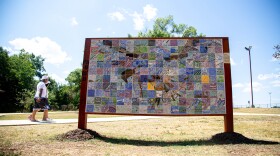 One out of the three new art installation called, "Eagle (Pa-uta'p)" design by Michaela Manriquez at Ramon Lucio Park on Aug. 3, 2022. Featuring the Native American traditions of having five animal spirit guardians Patricia Lim/KUT