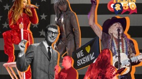 A collage of Texas musicians set over the American flag.