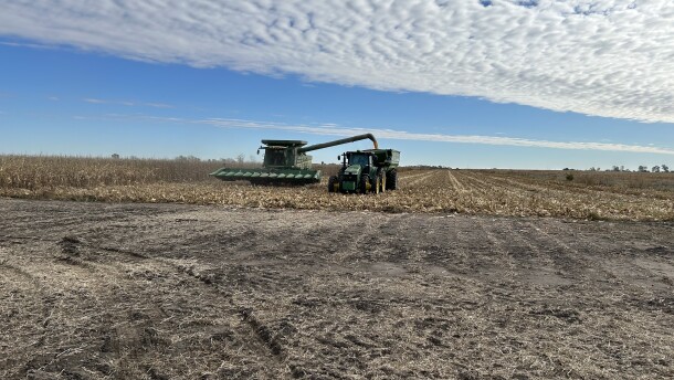 Ross Glanzer's land in Bridgewater, SD, gets harvested during the 2025 harvest season.