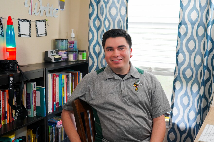 Christopher Terrazas, 24, set up a virtual classroom in his family's game room for his daily video lesson with his 6th grade students.