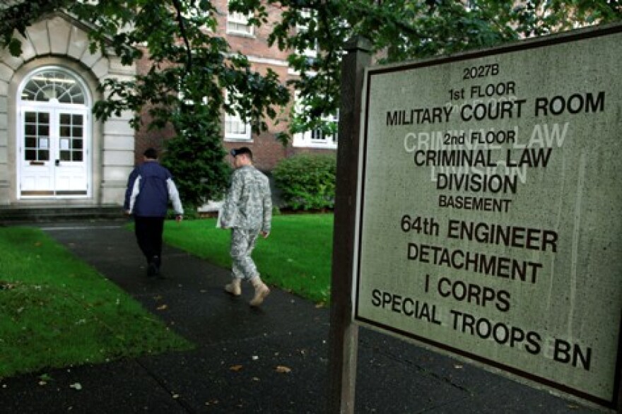 The military court building at Joint Base Lewis-McChord. An Article 32 hearing, similar to a grand jury investigation, is being held inside the building.