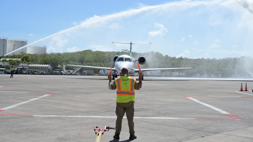 Pictured: Contour Airlines’ inaugural flight between St. Thomas and St. Maarten receives a water salute upon landing at Cyril E. King airport on October 5, 2026.
