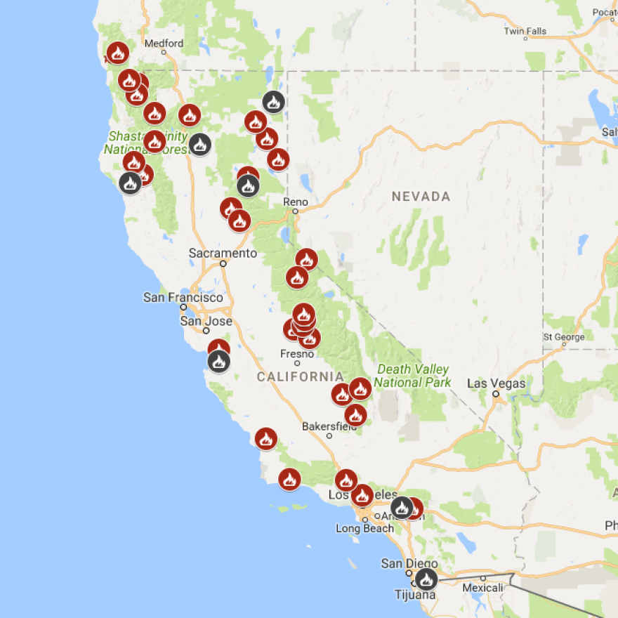 Map showing California wildfires.