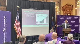 Director of Public Policy Jason Barrett address advocates at the Alzheimer's Association Greater Indiana Chapter's annual advocacy day Monday.