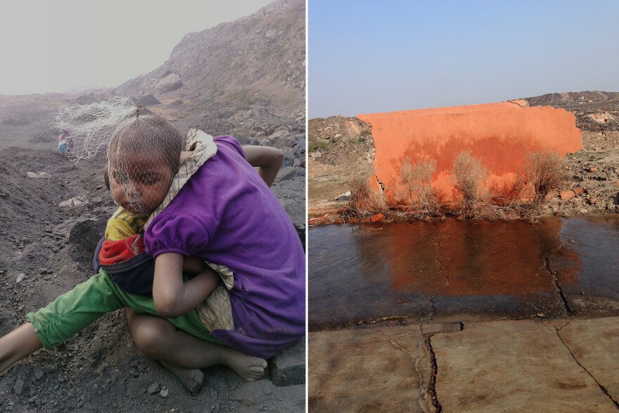 Left: Two children sit in the cold of Jharia, waiting for their parents to return from work. A plastic net covers the head of the younger child. "They had been playing with trash," photographer Ronny Sen says. Their parents are illegal coal pickers whose livelihood depends on scavenging coal from the mine. Right: After mine blasts and fires, the orange wall of a broken temple remains.