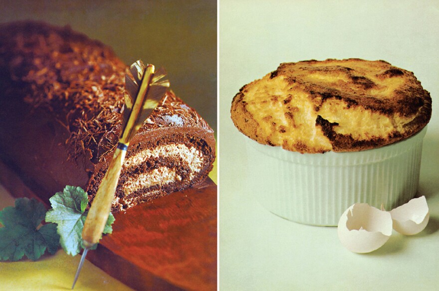 The Prices' cookbook included recipes for Whitehall Club Chocolate Roll and Soufflé au Grande Marnier, photographed by artist Tosh Matsumoto.