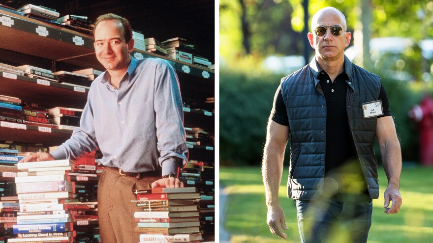 Amazon founder and CEO Jeff Bezos in 1997 (left) and in 2017. He will appear before Congress for the first time this week a much-transformed leader of a much-transformed company.