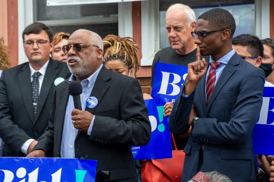 Former Cleveland Mayor Michael R. White endorses Bibb outside his grandmother's home Aug. 18.