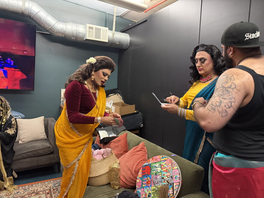 Bindi Masala (left) and Chai Auntea (right) get ready to perform at San Francisco’s Public Works as their drag daughter, Rekha, lends a hand, June 2026.