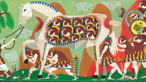 The cover of a recent book version of The Odyssey for children, published by Candlewick Press, with illustrations by Neal Packer.