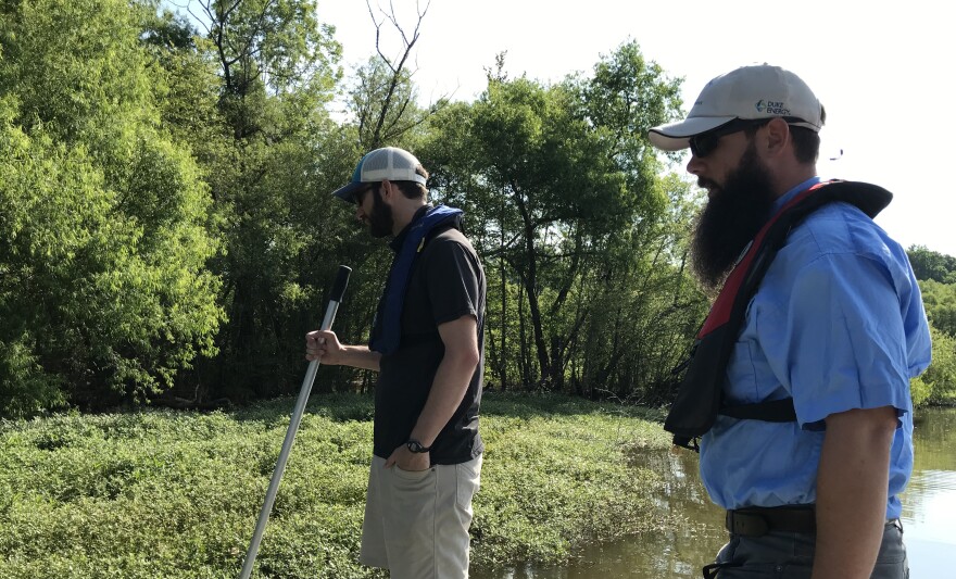 Catawba Riverkeeper Brandon Jones, left, and Dr. Brett Hartis, manager of Duke Energy's Aquatic Plant Management Program, inspect a bloom of alligator weed on Lake Wylie. 