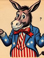 A donkey in traditional red, white, and blue looks puzzled.