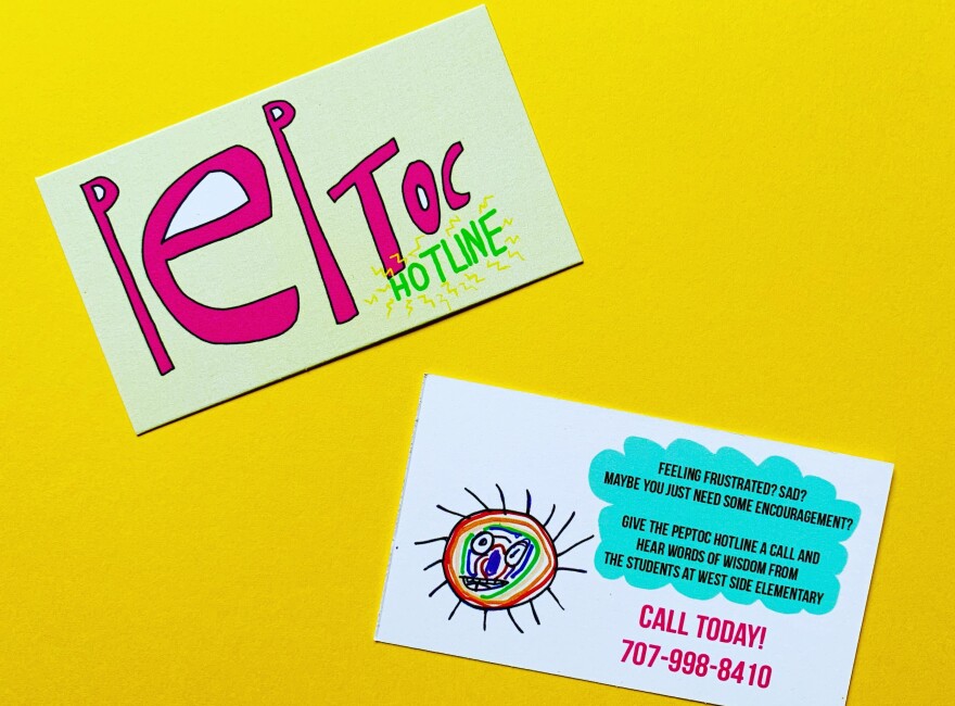 The kids at West Side Elementary in Healdsburg, Calif., handed out Peptoc hotline cards to the public to help spread the word about the project.