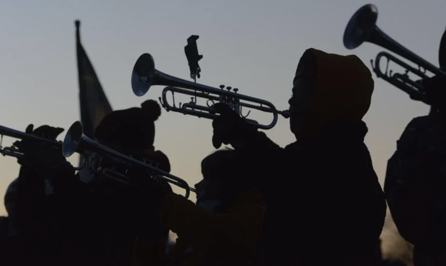 Trumpet players march in the TV spot formation Friday at the Marching Mizzou Practice Field during practice for the 96th Annual Macy's Thanksgiving Day Parade in New York City. It is the first appearance of Marching Mizzou in the Macy's Thanksgiving Parade.