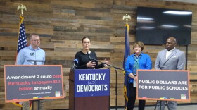 Lieutenant Governor Jacqueline Coleman headlined a news conference Tuesday in Wilmore City Hall — just a few miles from where she taught and coached at East Jessamine High School. Joining her, from left, were state representative candidate Ryan Stanford, former teacher Anna Alexander Wilson and state Democratic Party Chair Coleman Elridge.