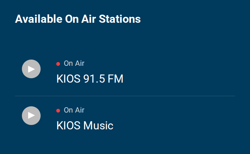 The Available On Air Stations panel listing KIOS 91.5 FM and KIOS Music, each with a play button