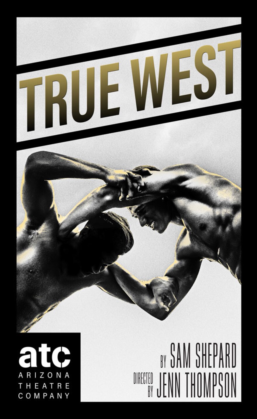 Two men wrestle on play poster