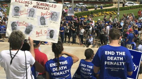 Protesters gather outside the state Capitol building on Friday, April 14, 2017, in Little Rock, Ark., to voice their opposition to Arkansas' seven upcoming executions. (Kelly P. Kissel/AP)