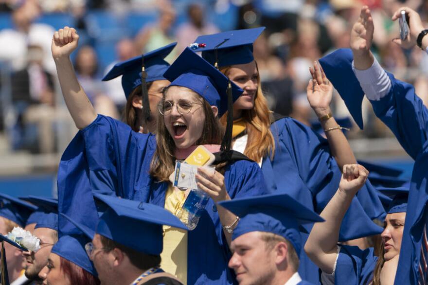 FILE - Graduates celebrate during the University of Delaware Class of 2022 commencement ceremony in Newark, Del., Saturday, May 28, 2022. (Manuel Balce Ceneta/AP)