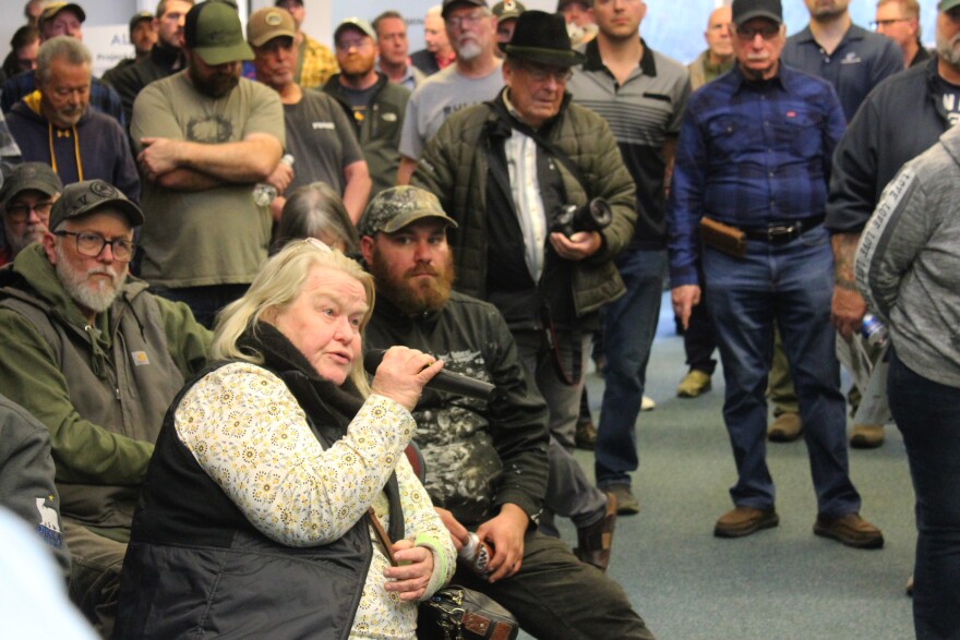 Patti Floyd asks questions during an Alaska LNG Project town hall on Wednesday, Oct. 8, 2025 in Nikiski, Alaska.