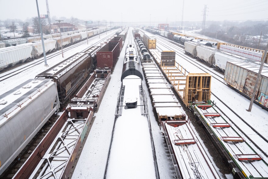 Snow blankets train cars in February in south St. Louis.