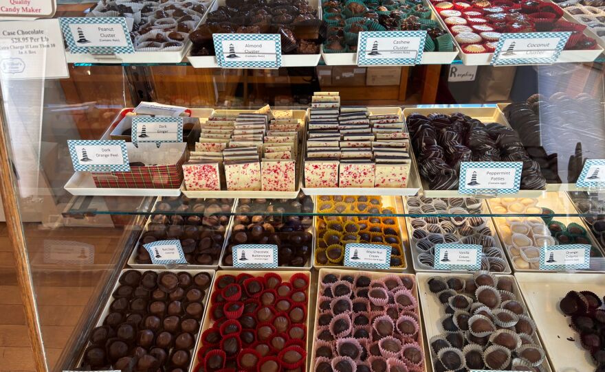 The display case at Wilbur's of Maine Chocolate Confections in Freeport, Maine on December 8th, 2025.