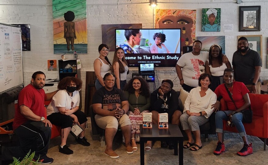 A gathering at The Ethnic Study in Springfield, Massachusetts, in May 2022 included students and educators, along with Simbrit Paskins and Stephany Marryshow. The students' stories appeared in a newly released book, "Dear Freedom Writer: Stories of Hardship and Hope from the Next Generation." 