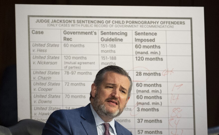 US Senator Ted Cruz, R-TX, questions Judge Ketanji Brown Jackson during the Senate Judiciary Committee confirmation hearing on her nomination to become an Associate Justice of the US Supreme Court, on Capitol Hill in Washington, DC, on March 23, 2022. (Photo by Jim WATSON / AFP) (Photo by JIM WATSON/AFP via Getty Images)