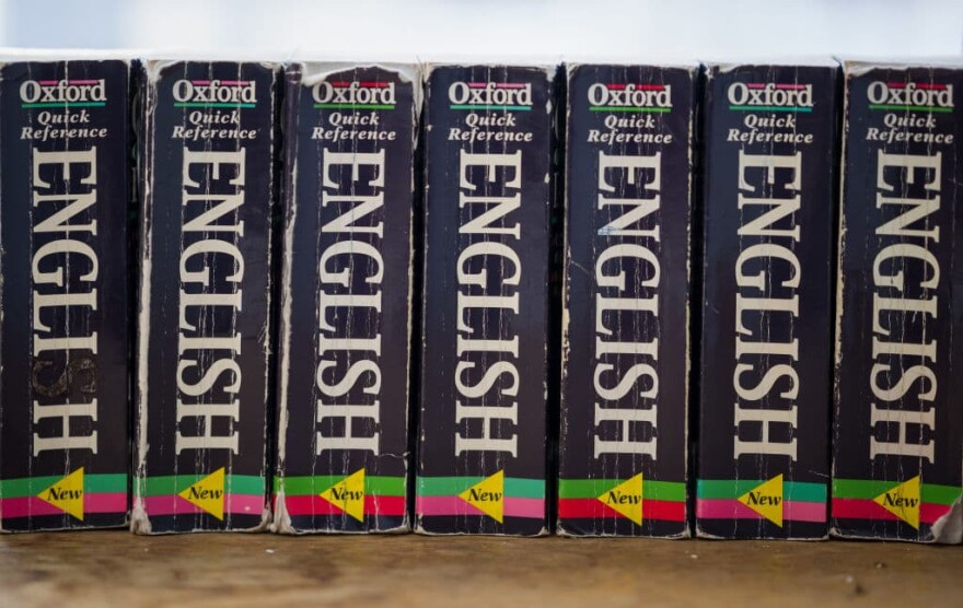 A row of Oxford English dictionaries in a school classroom on February 11, 2022 in Cardiff, Wales. (Photo by Matthew Horwood/Getty Images)