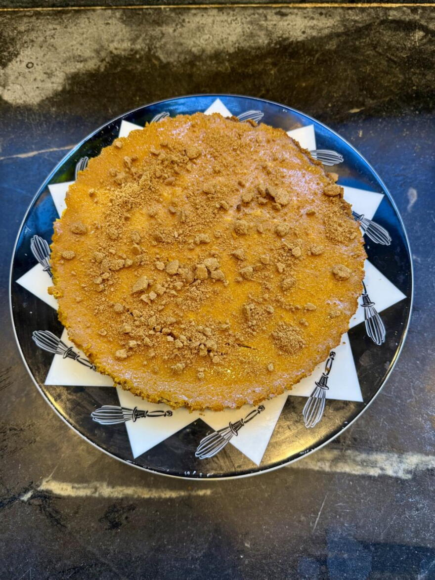 Pumpkin-cream cheese tart with gingersnap crust. (Kathy Gunst/Here & Now)