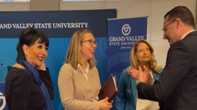 Left to right: GVSU President Philomena V. Mantella, U.S. Representative Hillary Scholten, GVSU VP and Chief Public Affairs and Communications Officer Stacie R. Behler, and Dean of GVSU's College of Computing Marouane Kessentini.