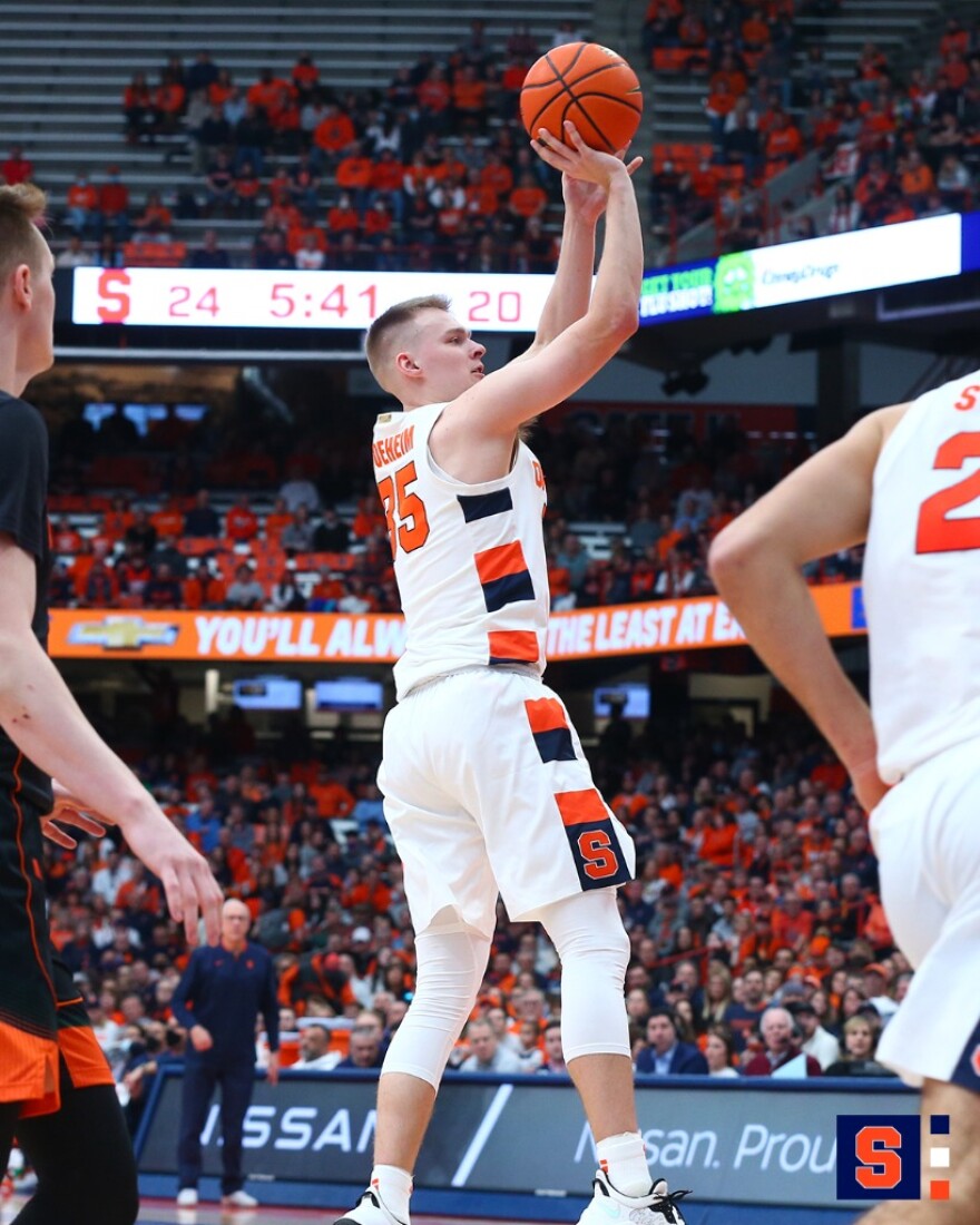 Syracuse Forward, Buddy Boeheim (white), shooting a jumper against Miami last Saturday. The Senior is averaging a career high 19.3 points-per-game in what’s expected to be his final collegiate season