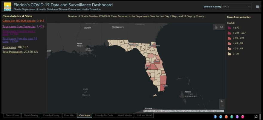 Map showing the number of cases reported to the Florida Department of Health in the last day. Image: Florida Department of Health 