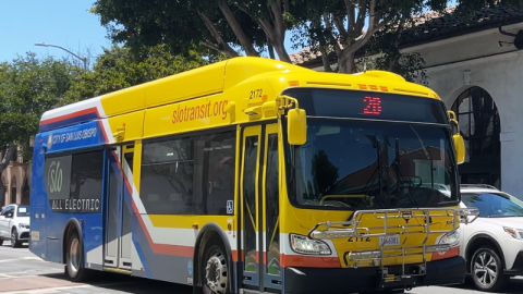 An all-electric SLO Transit bus. The 2026 progress report identified transportation as a significant source of greenhouse gas emissions.