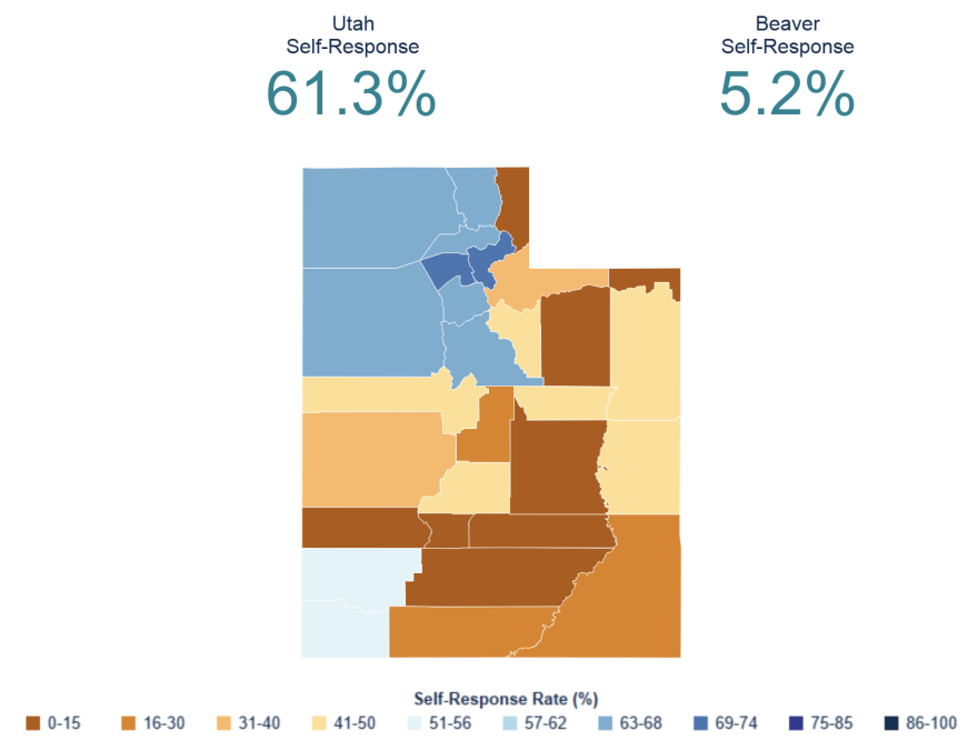 Map shows counties coded by color corresponding to response rate. 