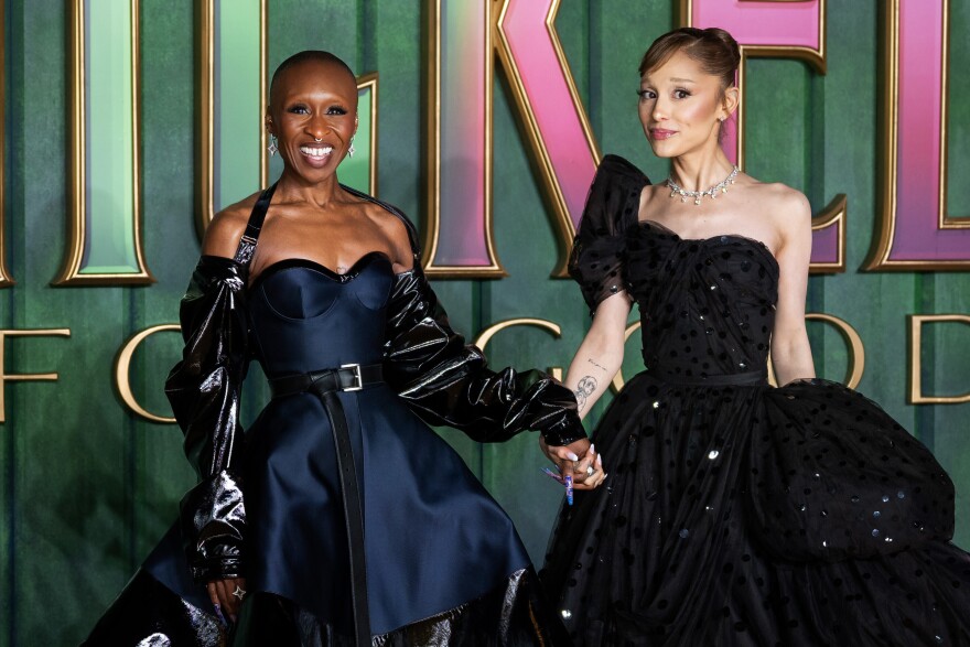 Cynthia Erivo, left, and Ariana Grande pose for photographers upon arrival at the premiere of the film "Wicked For Good" in London, Monday, Nov. 10, 2025.