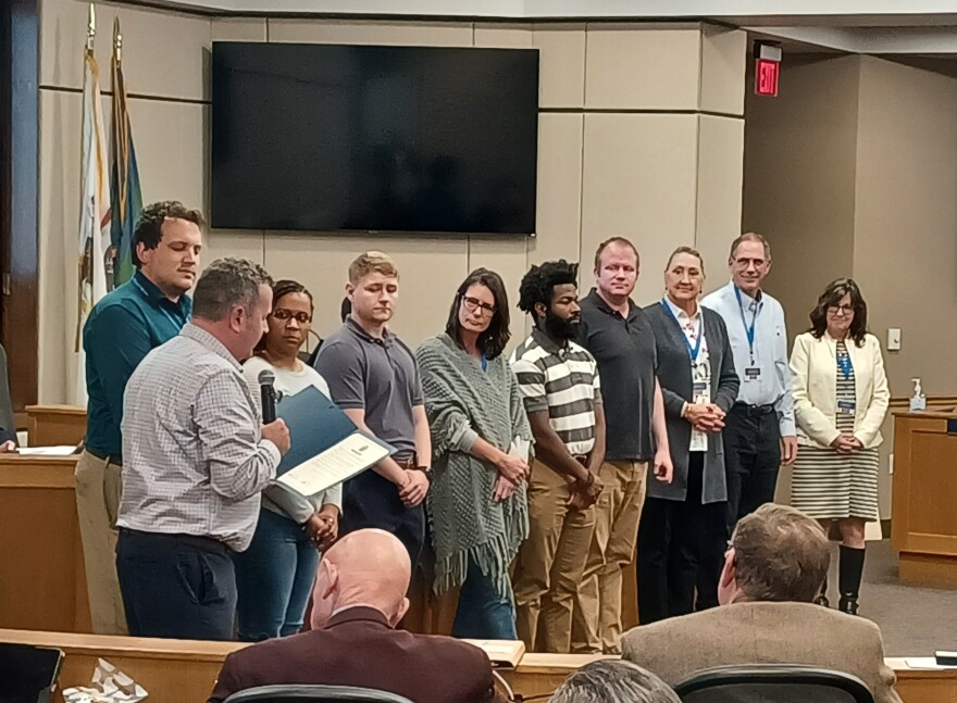 Graduates of the 2023 Peoria City-County Civic Leadership Academy were acknowledged by Peoria County Board Chairperson James C. Dillon (second from left) during the board's Nov. 9 meeting.